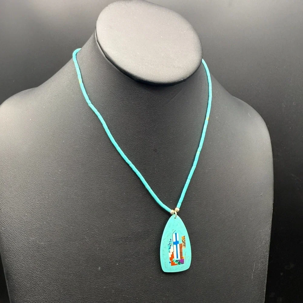 Handcrafted Turquoise Heishi Bead Necklace w/ Inlay Pendant 16